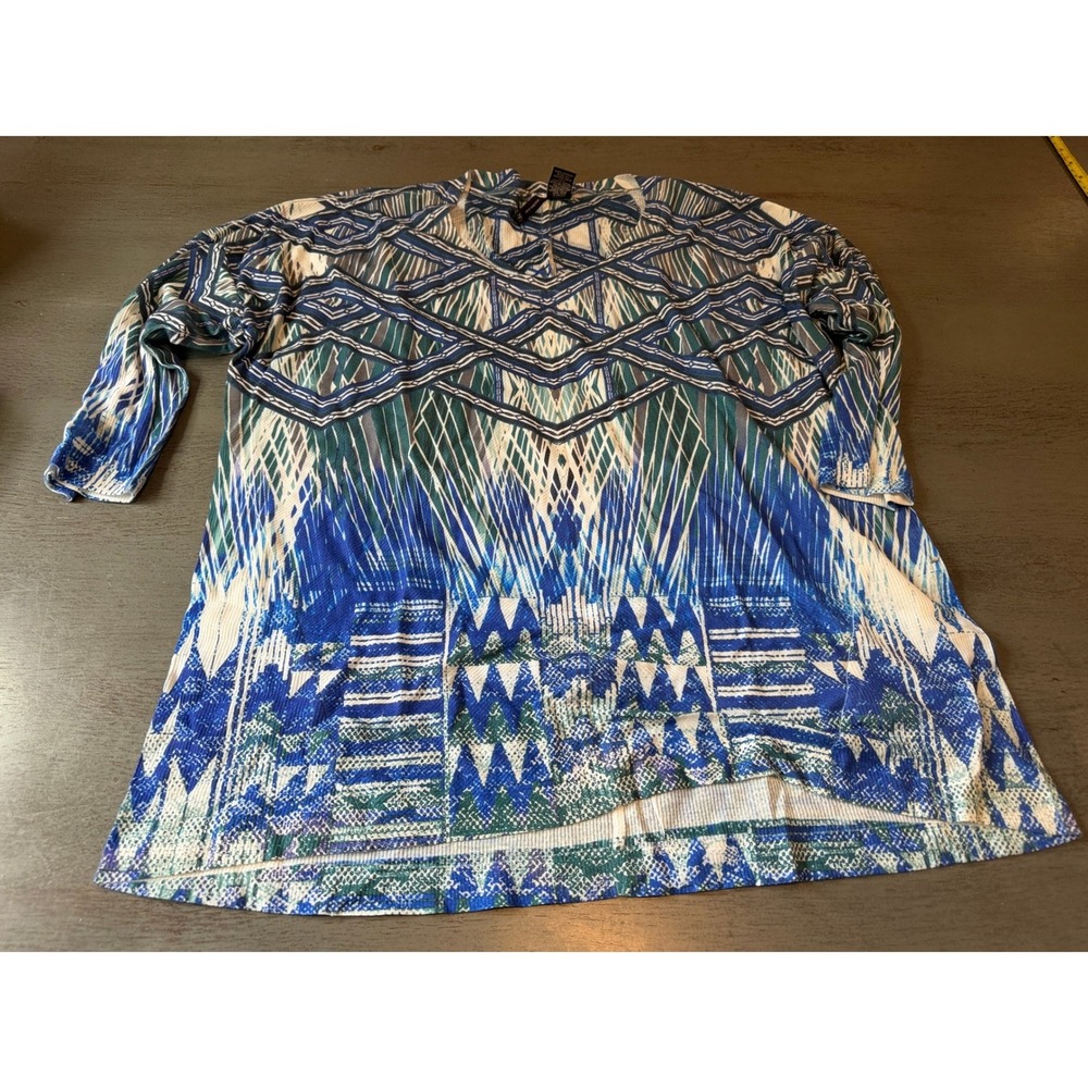 New Directions Blue Geometric Tribal Print V-Neck Tunic Top XL 3/4 Sleeve Ribbed